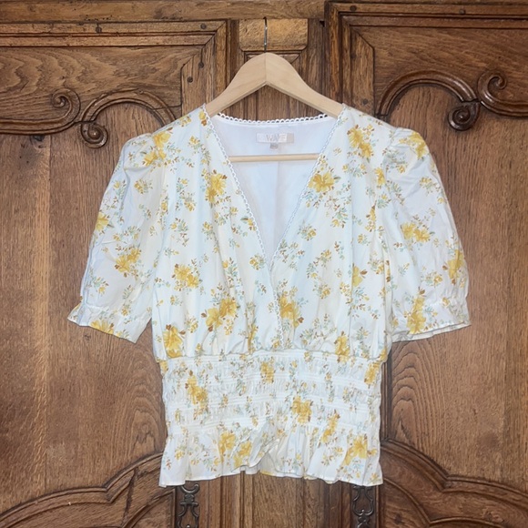WAYF yellow floral smocked blouse crop - Picture 4 of 12